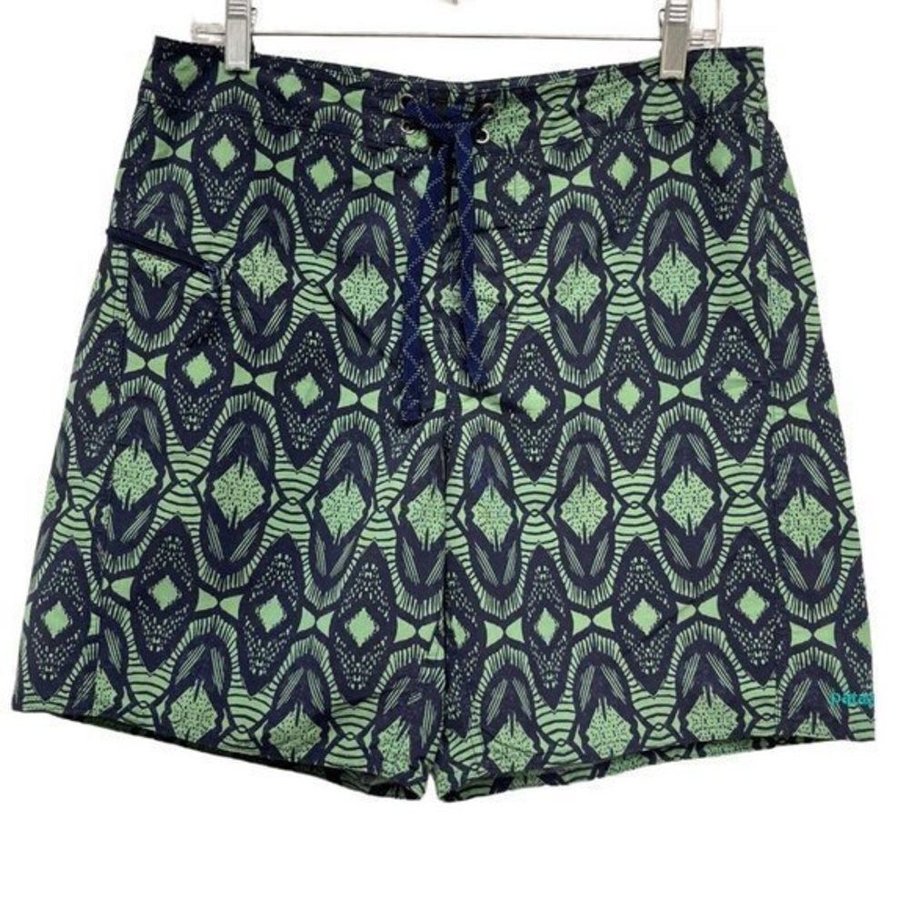 Patagonia Mens Board Shorts Nav/yGreen Aztec Surfboard Nylon Zip Pockets Size 32